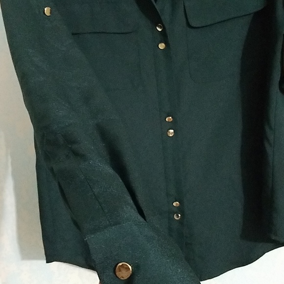 Metallic Dark Green Button Up Blouse - Picture 3 of 3